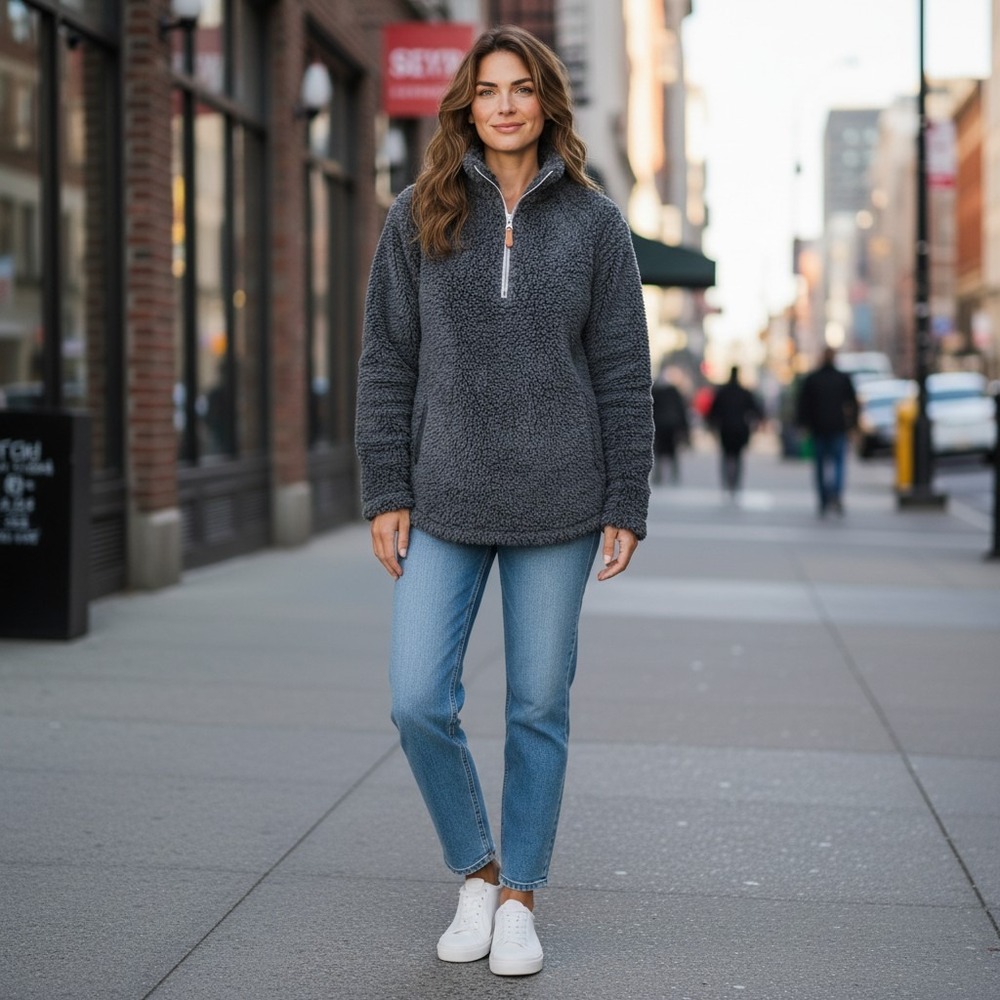 Simply Southern Womens XXL Gray Sherpa Fleece Quarter Zip Pullover Sweater
